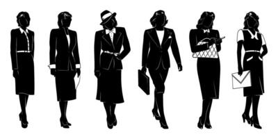 o negócio mulheres silhuetas. escritório senhoras dentro vintage ternos e vestidos. cliparts isolado em branco. vetor