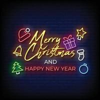 Feliz Natal e Feliz Ano Novo Vetor de texto de estilo de sinais de néon