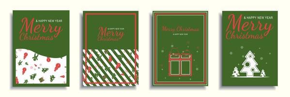 Conjunto de capas de brochura de feliz Natal e ano novo de 2022. design de banner mínimo de Natal com presentes, árvore, bonecos de neve, flocos de neve em fundos verdes. ilustração vetorial para panfleto, cartaz ou cartão comemorativo vetor