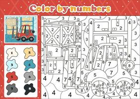 carro temático coloração página de número para crianças com fofa empilhadeira caminhão vetor