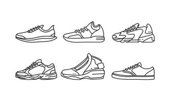 conjunto de sapatos de esportes e estilos de vida, coleção de mão desenhada de vetor de tênis, ícone de linha de sapatos. nova ilustração de calçados para esporte e elemento de design de marca