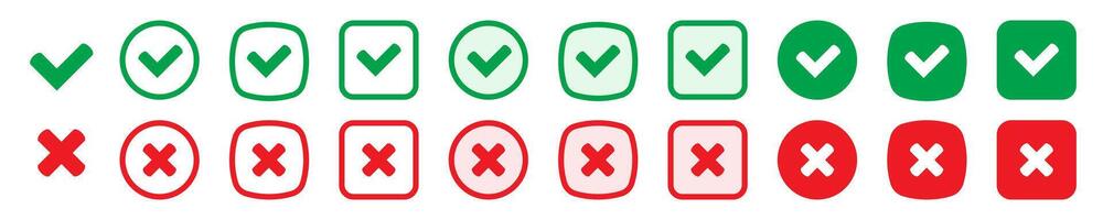 certo ou errado ícones. verde Carraça e vermelho Cruz marcas de seleção. sim ou não símbolo, aprovado ou rejeitado ícone para do utilizador interface. vetor