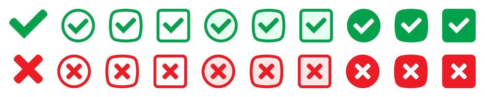certo ou errado ícones. verde Carraça e vermelho Cruz marcas de seleção. sim ou não símbolo, aprovado ou rejeitado ícone para do utilizador interface. vetor