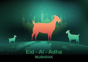 eid al adha mubarak com conceito de cabra e lua vetor