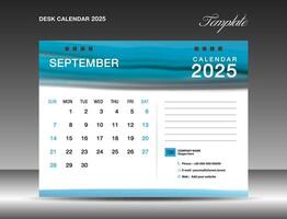 escrivaninha calendário 2025 - setembro 2025 modelo, calendário 2025 Projeto modelo, planejador, simples, parede calendário projeto, semana começa em Domingo, impressão, anúncio, azul aguarela fundo, vetor
