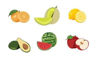 laranja, melão, limão, abacate, melancia, maçã. coleção de ilustração de frutas tropicais definida em desenho vetorial. alimentos saudáveis, suculentos e doces. animação de fruta colorida isolada no fundo branco.