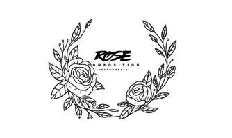 arranjo de composição de rosa para design de convite de casamento, plantas e flores para moldura de letras elegante, ilustração vetorial desenhada à mão para design romântico e vintage vetor