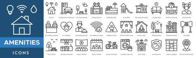 Facilidades ícone definir. instalação, recreativo Facilidades, ao ar livre espaços, ginástica Centro, natação piscina, jogar área e bem estar Facilidades vetor