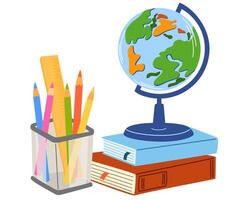 escola globo com uma pilha do livros. Educação conceito. mão desenhado ilustração dentro desenho animado estilo. em branco fundo vetor