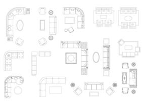 sofá mobília ícone interior plano Visão topo definir. arquitetura casa linha casa esboço apartamento coleção isolado disposição Projeto projeto projeto. vetor