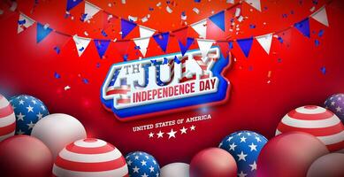 4º do Julho independência dia do a EUA ilustração com americano bandeira e festa balão e 3d letras em vermelho fundo. quarto do Julho nacional celebração Projeto para bandeira, cumprimento vetor