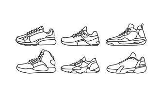 conjunto de sapatos de esportes e estilos de vida, coleção de mão desenhada de vetor de tênis, ícone de linha de sapatos. nova ilustração de calçados para esporte e elemento de design de marca