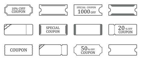 conjunto do cupons, bilhetes, presente cupom, desconto cupom, salvando cupom dentro linear estilo. cupom cartão elemento modelo para gráfico Projeto. cupons para promocional vendas com vários descontos. vetor