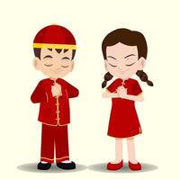 fofa jovem Garoto e menina dentro chinês tradicional roupas a comemorar chinês Novo ano cumprimento e desejou vetor