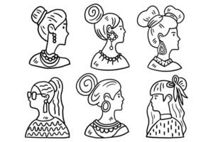 uma conjunto do seis desenhos do mulheres com diferente penteados e acessórios vetor