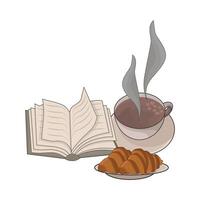 ilustração do café, livro e croissant vetor