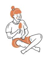 menina comendo gelo creme e sentado em chão. contraste rabisco ilustração isolado em branco fundo. esboço desenhando do feliz infância para logotipo, adesivo vetor