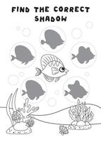 mini jogos para crianças. pré-escolares. encontrar a certo sombra. foto com desenho animado peixe. jogos 3-4 anos. mini jogos para crianças. pré-escolares. desenvolvimento do lógica dentro crianças. Preto e branco imagem vetor