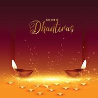 feliz dhanteras cartão com dourado moeda e diya vetor