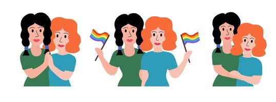 lgbt conceito. lésbica casado casal. mulheres segurando multicolorido bandeira orgulho parada e abraçando. ilustração dentro plano estilo. vetor