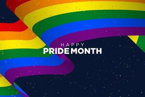 feliz orgulho mês cumprimento bandeira, para LGBTQIA orgulho mês celebração. grande realista fluindo arco Iris bandeira em Sombrio azul fundo, pontilhado com polca pontos. ilustração vetor
