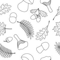 desatado padronizar com bordo folhas, nozes, carvalho folhas, Rowan folhas, cogumelos, cogumelos em branco fundo. vetor