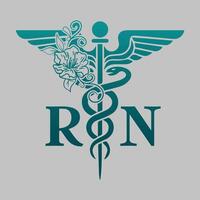 registrado enfermeira, médico símbolo com rn texto e flor, caduceu símbolo, rn enfermeira adesivo vetor