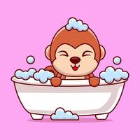 desenho animado fofa macaco tomando banho dentro banheira preenchidas com espuma vetor