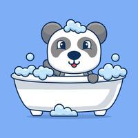 desenho animado panda tomando banho dentro banheira preenchidas com espuma vetor
