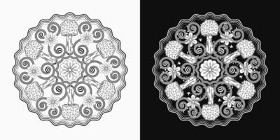 circular padronizar com fantasia cogumelos, camomilas, ondulado linhas. Preto e branco ilustração para fantasia, legal, hippie, místico, surreal Projeto vetor