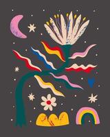 abstrato impressão com plantas, estrelas, arco-íris, lua. vetor