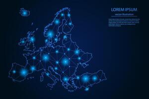 abstrato imagem Europa mapa - com azul brilho pontos e linhas em Sombrio gradiente fundo, 3d malha polígono rede conexão. vetor