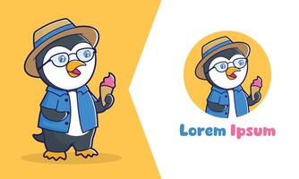 pinguim mascote gelo creme logotipo, uma pinguim com uma mala, vestindo uma havaiano camisa e oculos escuros. a pinguim pode estar segurando a gelo creme cone vetor