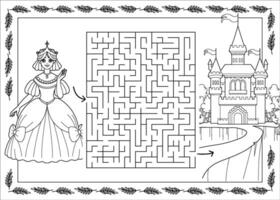 crianças Labirinto coloração livro. lindo Princesa e fabuloso castelo esboço ilustração. erudição jogos e quebra-cabeças para crianças. simples desenhando para garotas. linha ilustração. vetor
