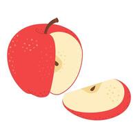 vermelho maçã com maçã cunha desenho animado definir. Cruz seção do cortar maçã, fatias fruta, mão desenhado na moda plano estilo isolado em branco ilustração vetor