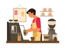 barista homem fazer café às Barra contador dentro café fazer compras vetor