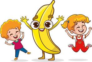grande frutas e crianças. fofa pequeno crianças tendo Diversão e jogando com grande frutas. engraçado desenho animado personagem. ilustração. isolado em branco fundo vetor