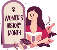 mulheres história mês menina lendo livro ao lado espelho com globo vetor