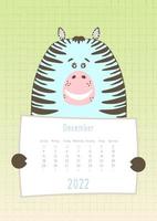 Calendário de dezembro de 2022, animal zebra fofo segurando uma folha de calendário mensal, estilo infantil desenhado à mão vetor