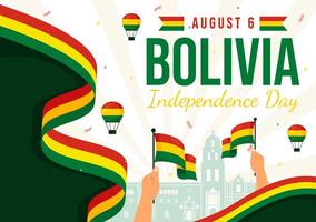 Bolívia independência dia ilustração em agosto 6 com acenando bandeira e fita dentro uma festivo nacional feriado plano desenho animado fundo vetor