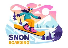 snowboard ilustração apresentando pessoas deslizante e pulando em uma Nevado montanha declive durante inverno, plano estilo desenho animado fundo vetor