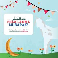 eid al adha mubarak. muçulmano eid ul adha 2024 celebração bandeira, postar com bode dentro uma jardim, grama, flores, suspensão bandeiras, crescente lua. árabe texto tradução eid al adha mubarak. cumprimento bandeira vetor