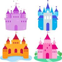 lindo fada conto castelos. real reino torres, velho Magia castelos. colorida fortaleza para rei e rainha. ilustração conjunto vetor