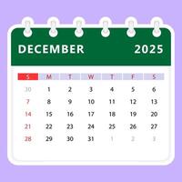 dezembro 2025 calendário. domingo começar vetor