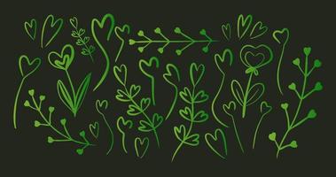 corações e flores elementos do dia dos namorados desenhados à mão estilo ecológico da natureza vetor