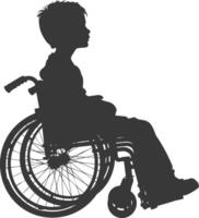 silhueta pequeno Garoto dentro uma cadeira de rodas cheio corpo Preto cor só vetor