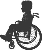 silhueta pequeno Garoto dentro uma cadeira de rodas cheio corpo Preto cor só vetor