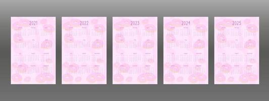 2021 2022 2023 2024 2025 Conjunto de calendário para planejador pessoal e caderno. rosquinhas rosa com cobertura de creme, estilo infantil feminino bonito dos desenhos animados. semana começa no domingo vetor