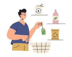 homem dentro supermercado comprando verde produtos, escolhendo sustentável comida, eco produtos ícones, ilustração do desenho animado personagem dentro loja com eco amigáveis mercado, Apoio, suporte verde Produção vetor