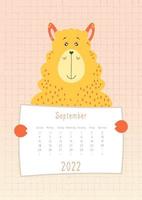 Calendário de setembro de 2022, animal fofo de lhama segurando uma folha de calendário mensal, desenhado à mão em estilo infantil vetor